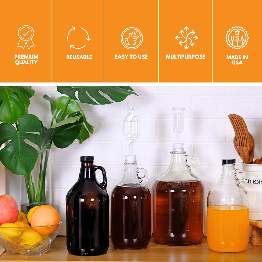 Six 0.5-gallon glass fermentation jugs by FastRack, clear jars with lids for brewing or fermentation purposes.