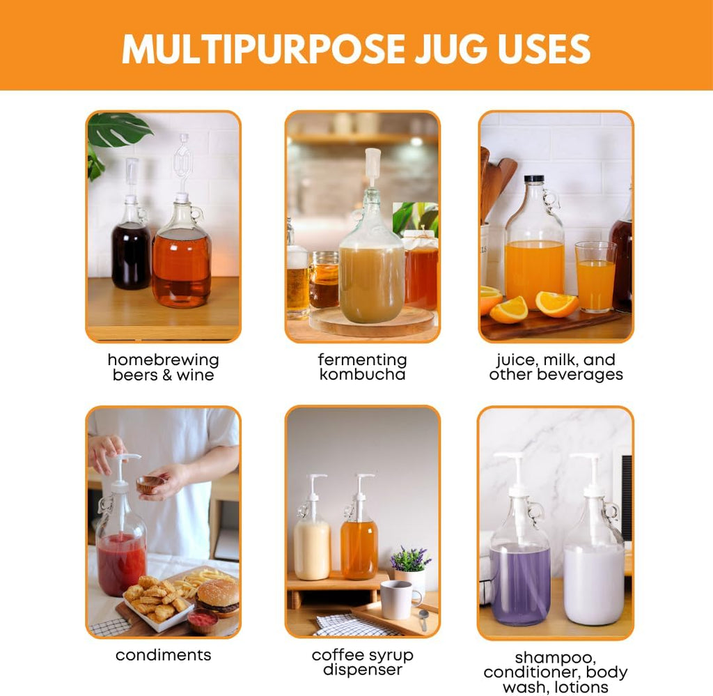 Set of six 0.5 gallon glass fermentation jugs by FastRack, showing clear glass jugs with wide mouths and sturdy handles.