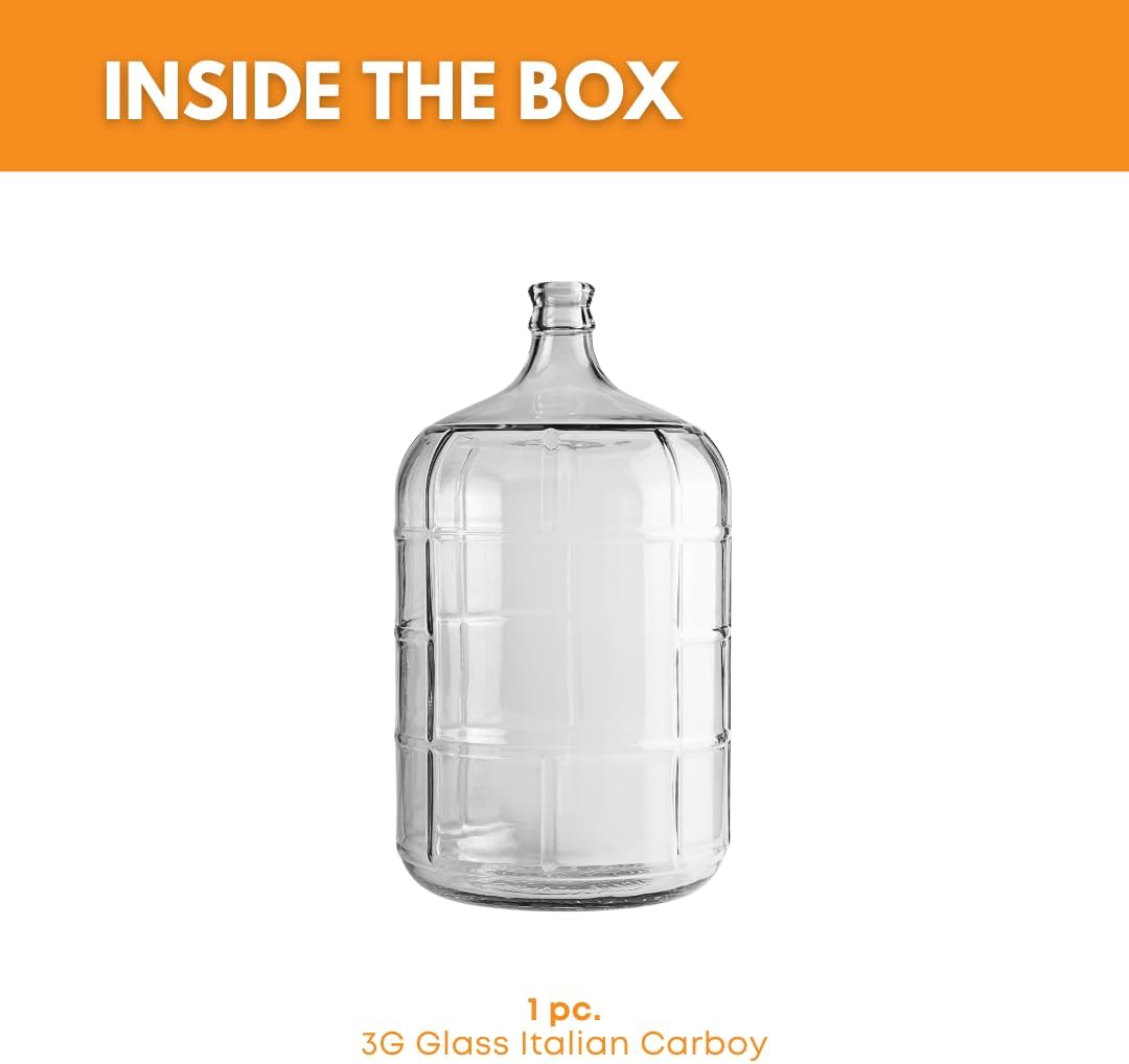 Clear 3-gallon Italian glass carboy from FastRack, with a wide opening and sturdy handle for home brewing and fermentation.