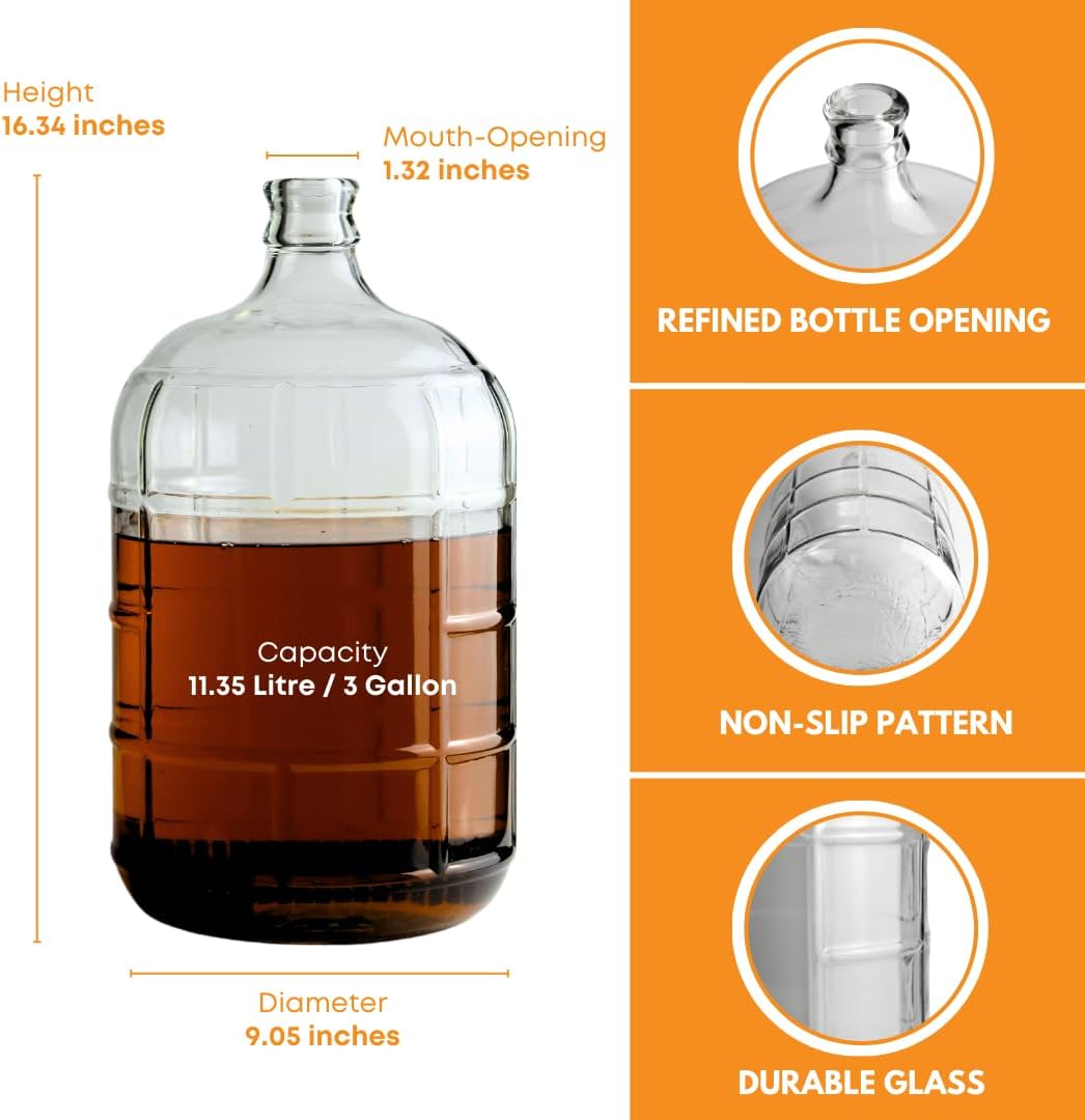 Three-gallon Italian glass carboy by FastRack, clear and sturdy for wine or fermentation storage.