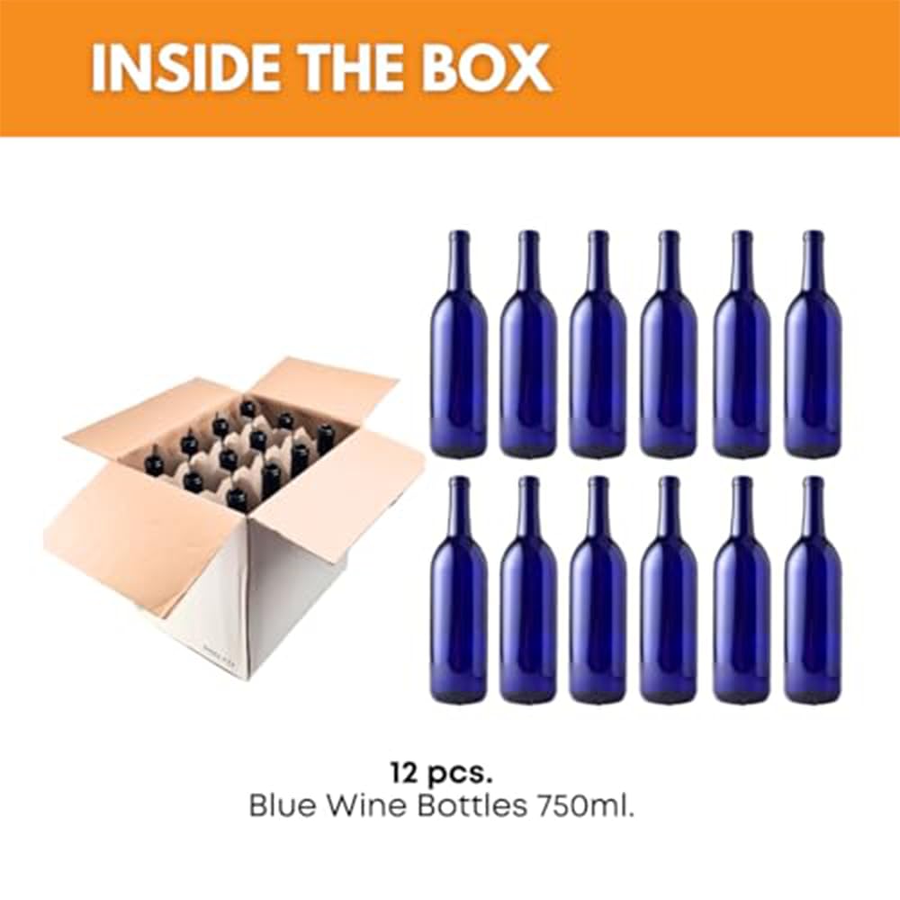 Set of 12 FastRack W5 Bordeaux wine bottles, 750ml each, blue glass, arranged in a case.