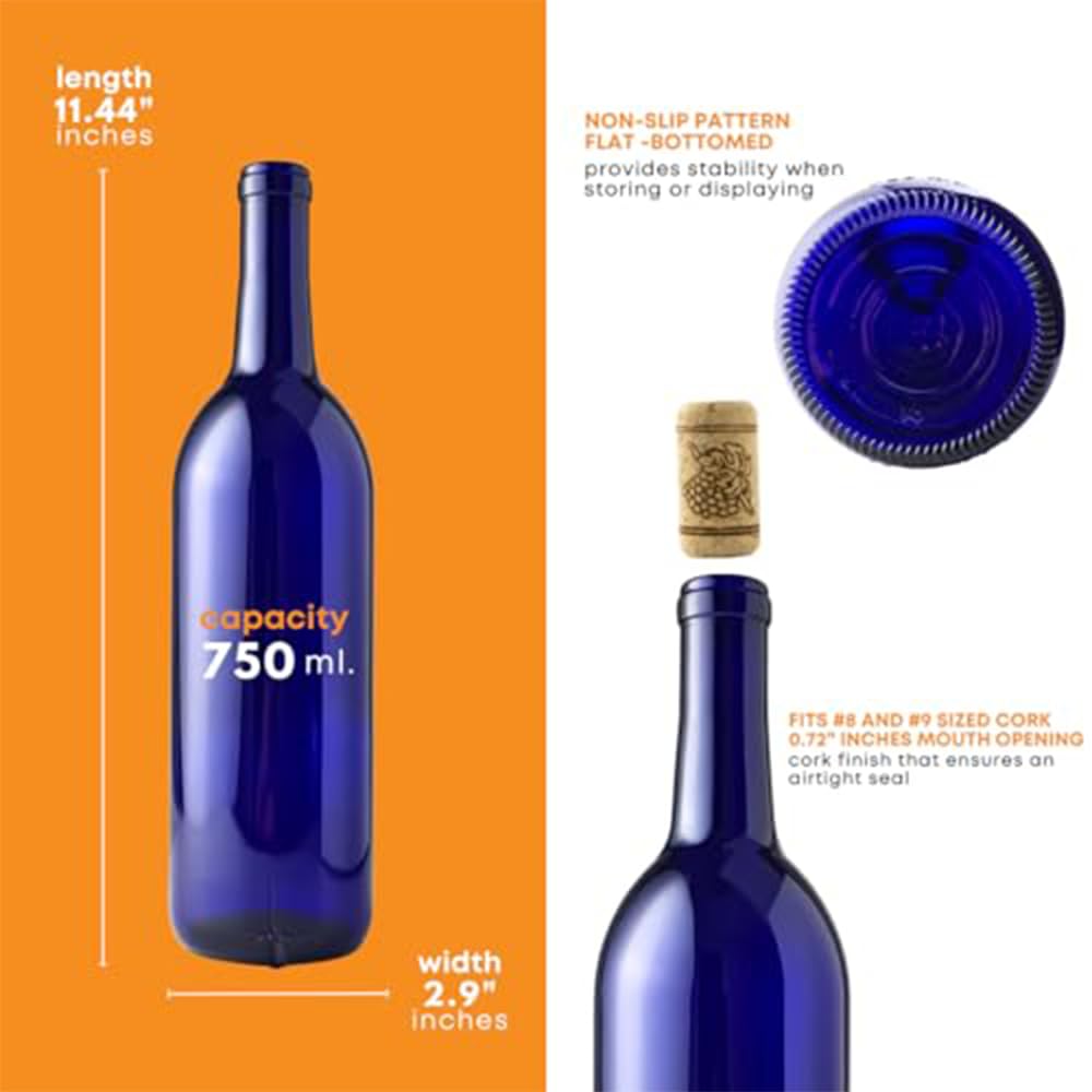 Set of 12 FastRack Bordeaux wine bottles, 750ml blue glass wine bottles arranged in a case.