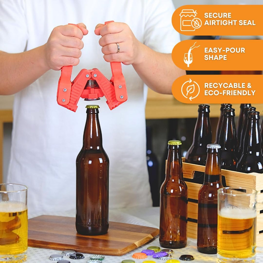 Set of 12 amber glass beer bottles by FastRack, 22 oz capacity, with caps, perfect for home brewing or storing craft beer.