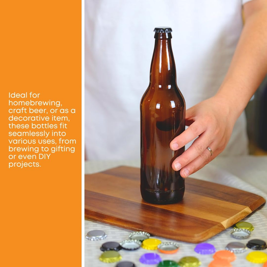 Set of 12 22 oz amber glass beer bottles from FastRack, featuring brown bottles with caps, ideal for home brewing or storage.