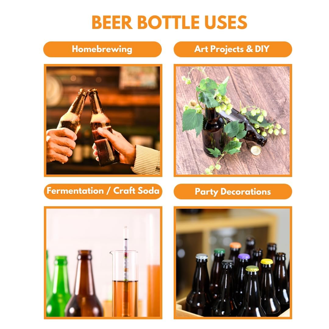 Set of 12 FastRack 22 oz amber beer bottles in a case, showcasing durable glass bottles for home brewing or storage.