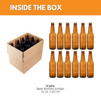 Set of 12 amber beer bottles, 22 oz each, from FastRack, shown in a case, ideal for home brewing or beer storage.