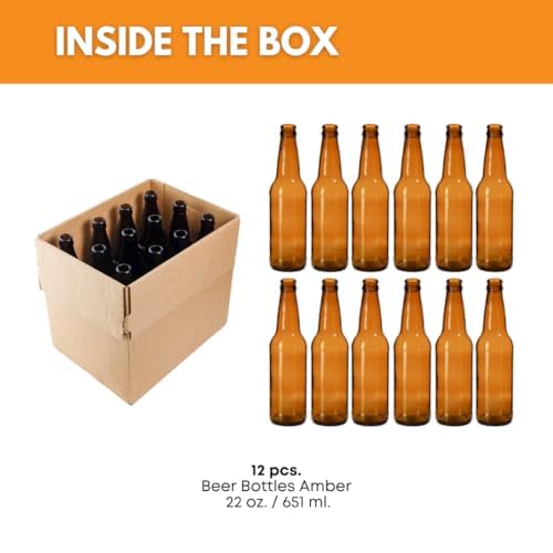 Set of 12 amber beer bottles, 22 oz each, from FastRack, shown in a case, ideal for home brewing or beer storage.