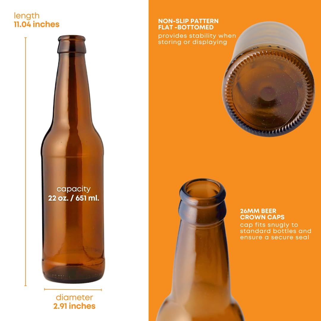 Set of 12 amber 22 oz beer bottles from FastRack, shown in a case, perfect for home brewing or storage.