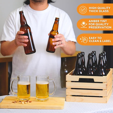 Set of 12 amber beer bottles, 22 oz each, from FastRack, displayed in a case with caps and labels visible.