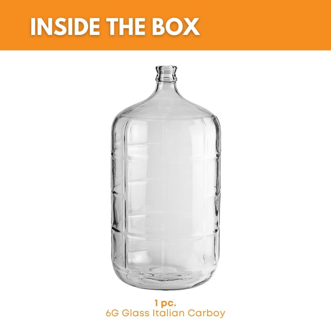 Clear 6-gallon Italian glass carboy from FastRack with a wide opening and sturdy handle, ideal for fermentation and storage.