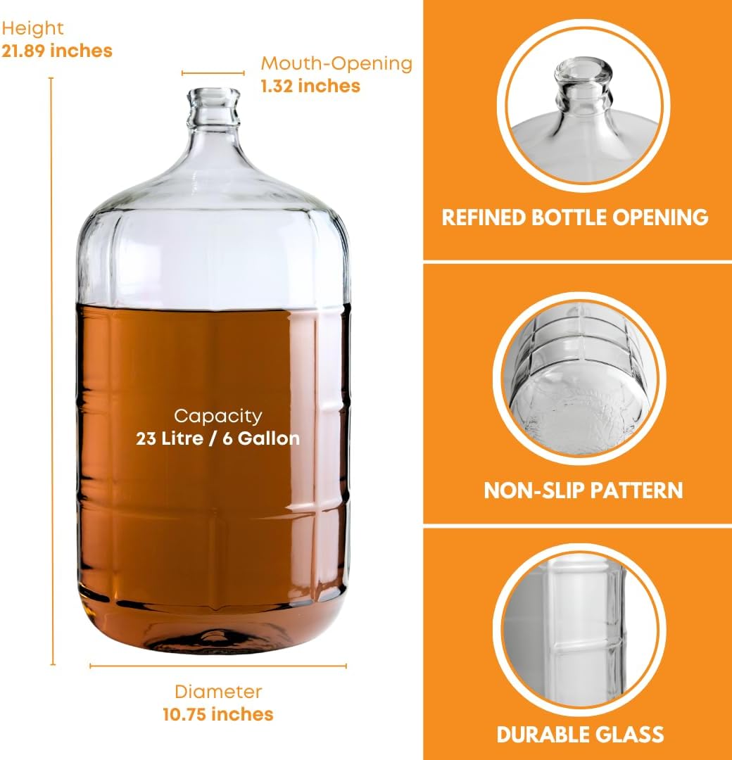 Clear 6-gallon Italian glass carboy from FastRack with a narrow neck and sturdy handle, suitable for fermentation or storage.