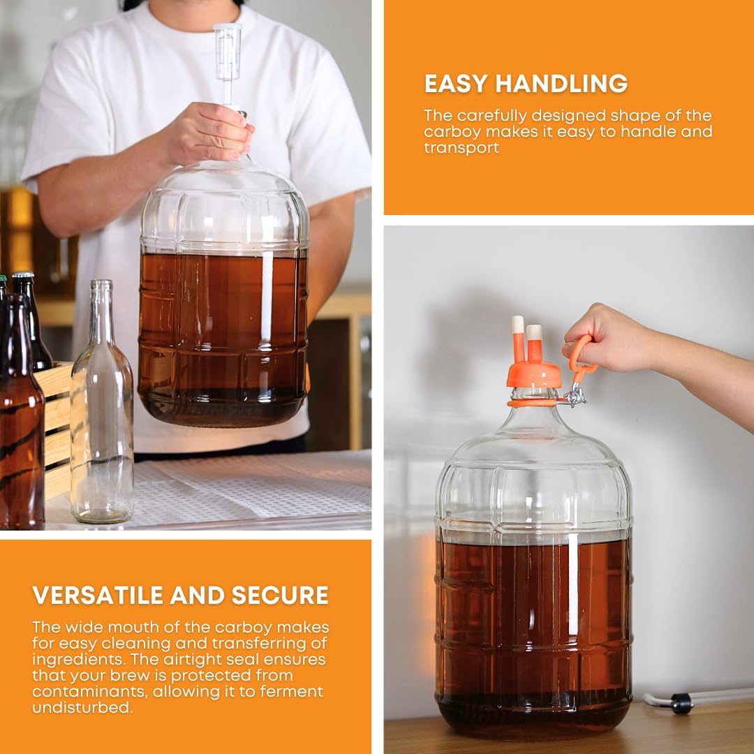 Clear 6-gallon Italian glass carboy by FastRack, with a wide opening and sturdy handle for fermentation and storage.