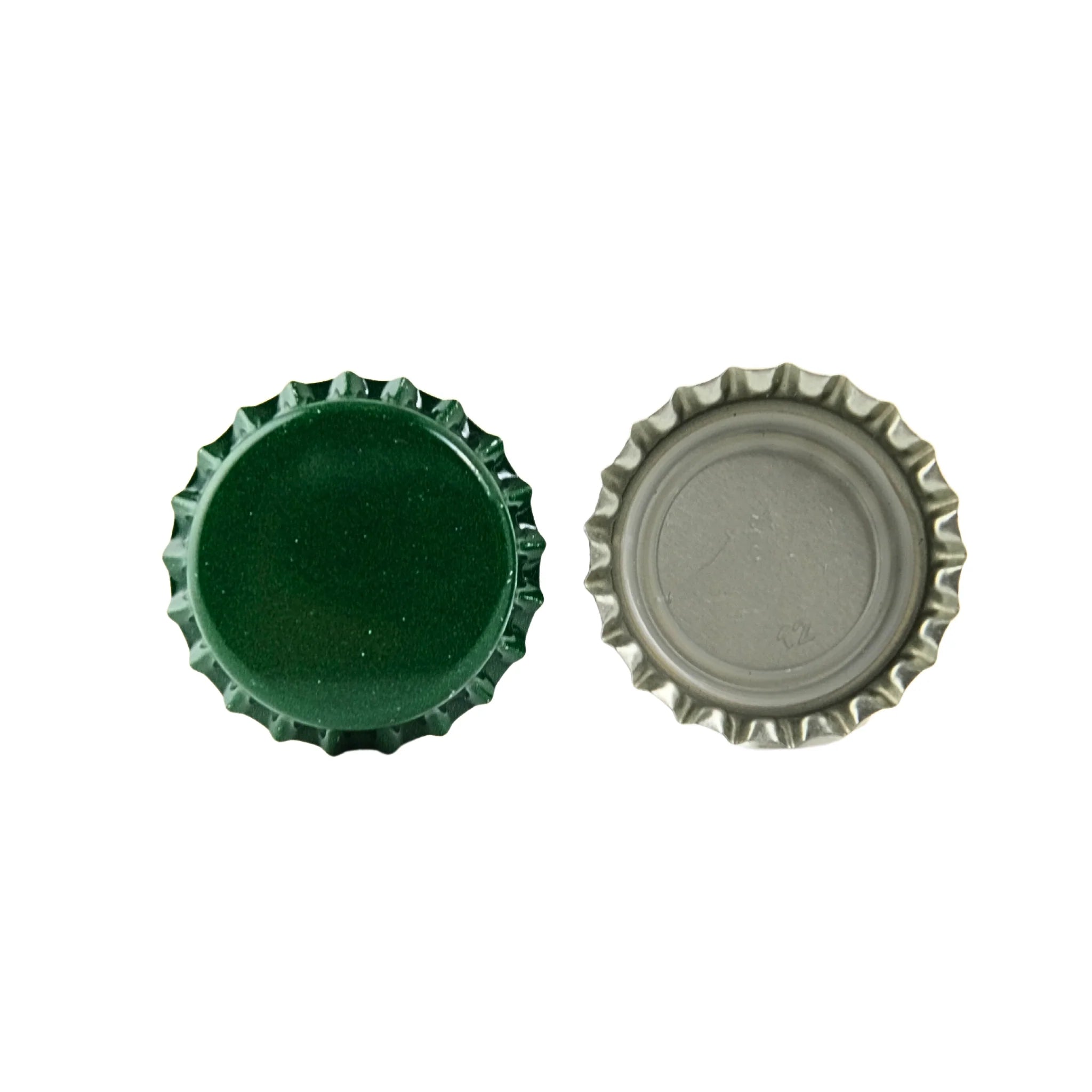 Green oxygen-absorbing beer bottle caps by FastRack, designed to preserve beer freshness and prevent oxidation.