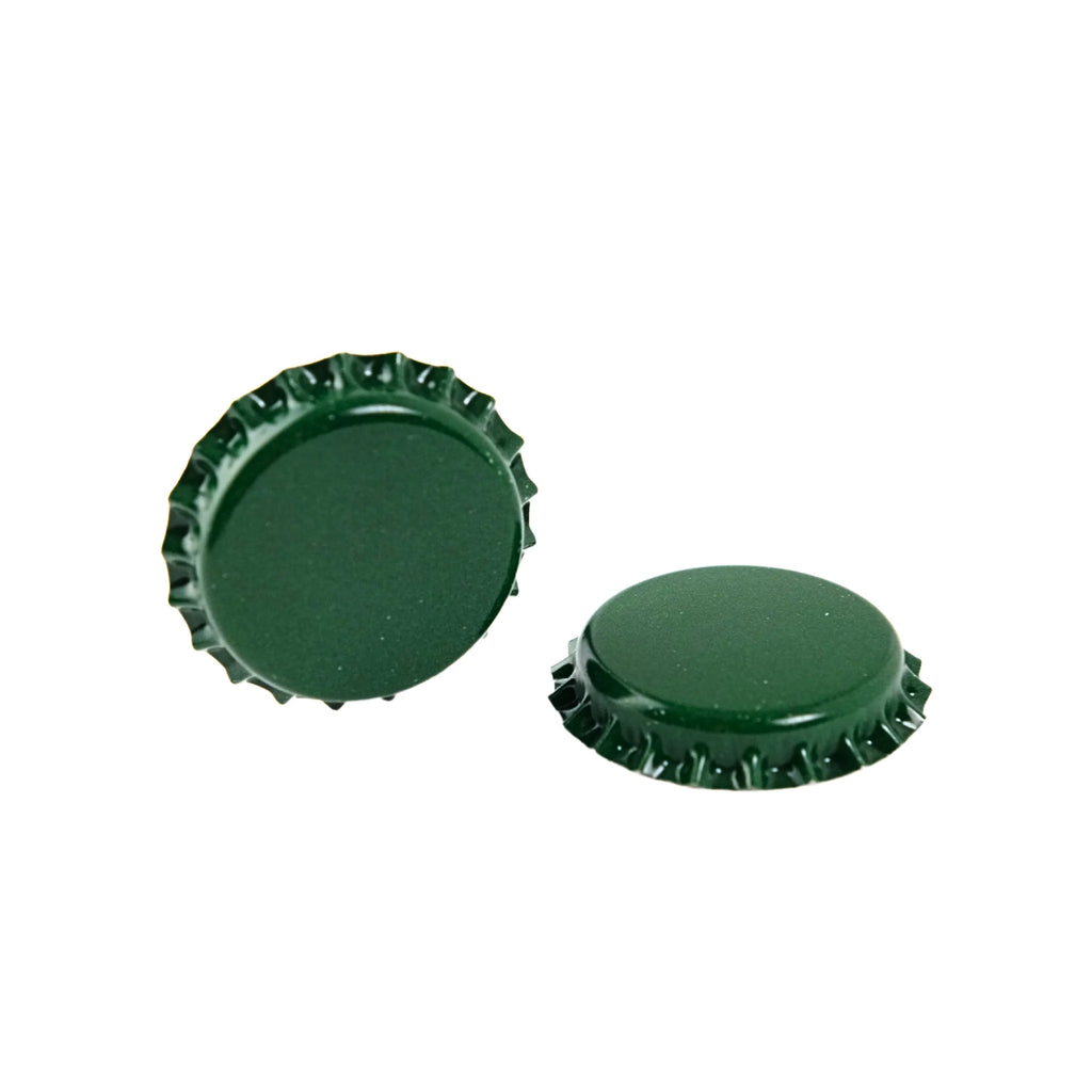 Green oxygen absorbing beer bottle caps by FastRack, designed to preserve beer freshness and prevent oxidation.