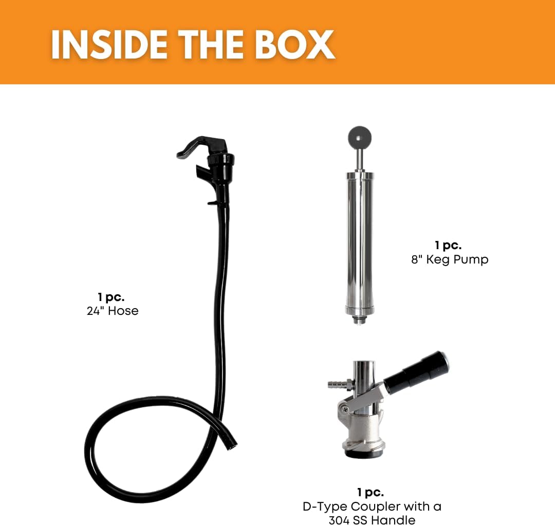 FastRack 8-inch D-Type manual keg pump with hose and coupler for efficient beer dispensing.