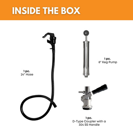 FastRack 8-inch D-Type manual keg pump with hose and coupler for efficient beer dispensing.