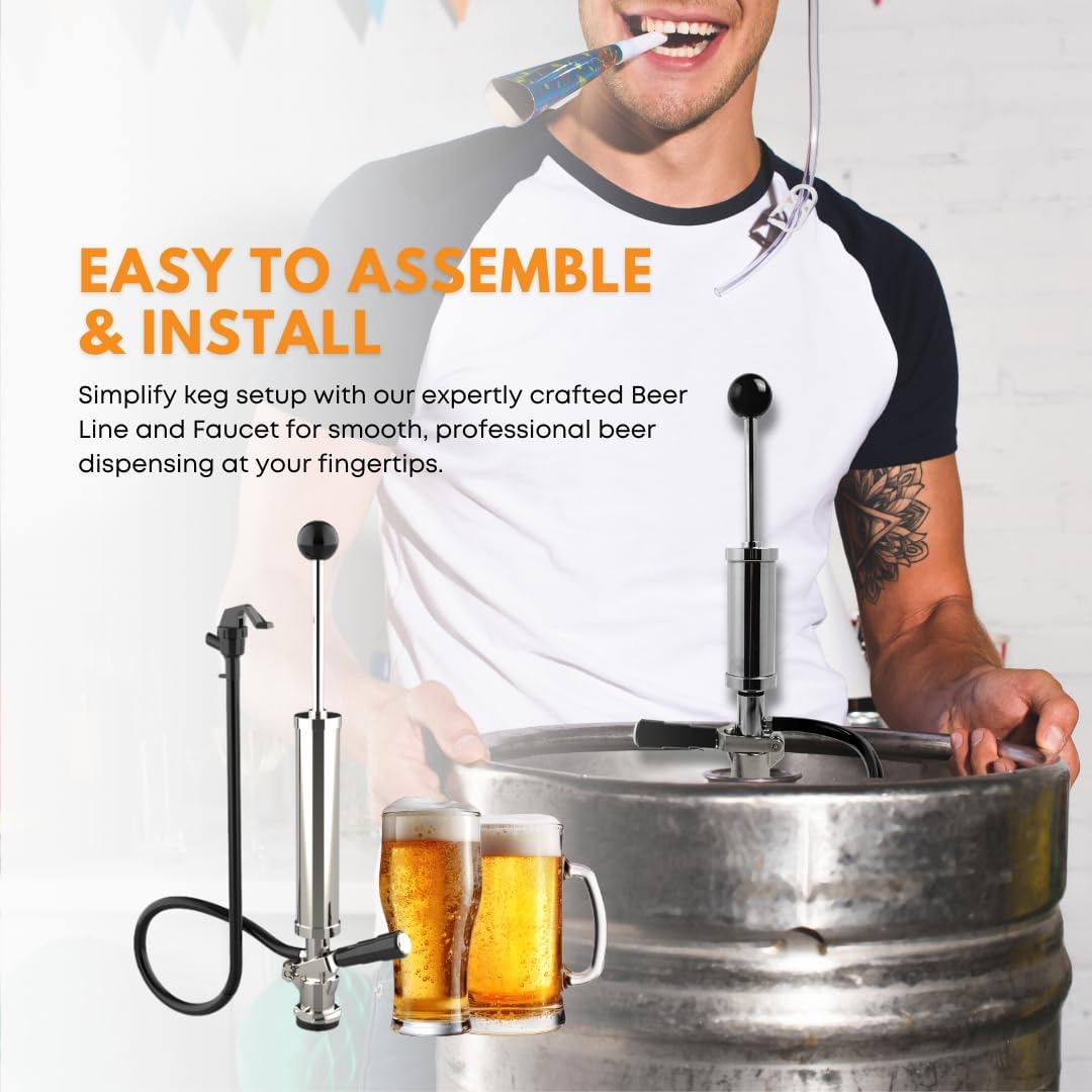 FastRack 8-inch D-Type manual pump with hose for keg tapping and dispensing, suitable for home brewing and beverage serving.