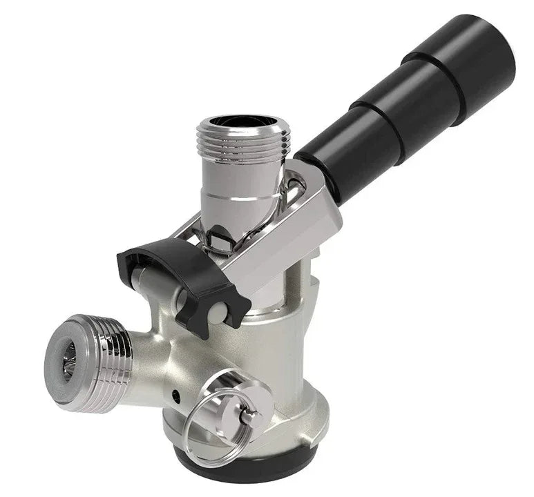 Metal valve with black handle on a white background