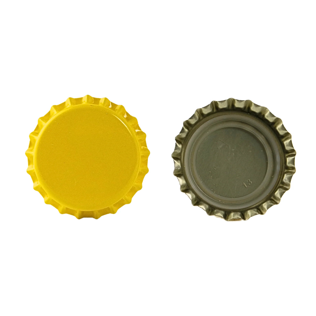 Yellow oxygen absorbing beer bottle caps by FastRack, designed to preserve beer freshness in bottles.