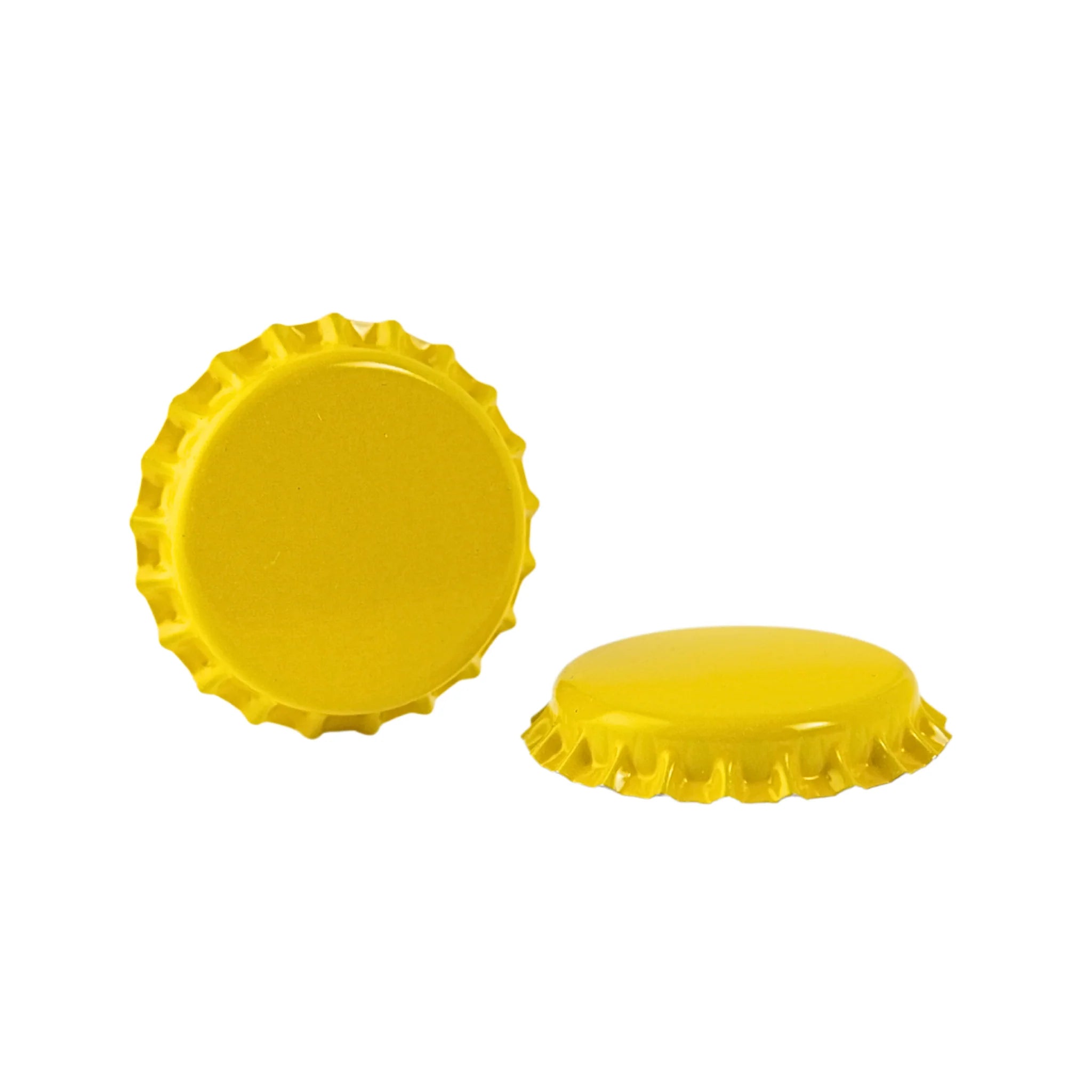 Yellow oxygen absorbing beer bottle caps by FastRack, designed to preserve beer freshness and prevent oxidation.