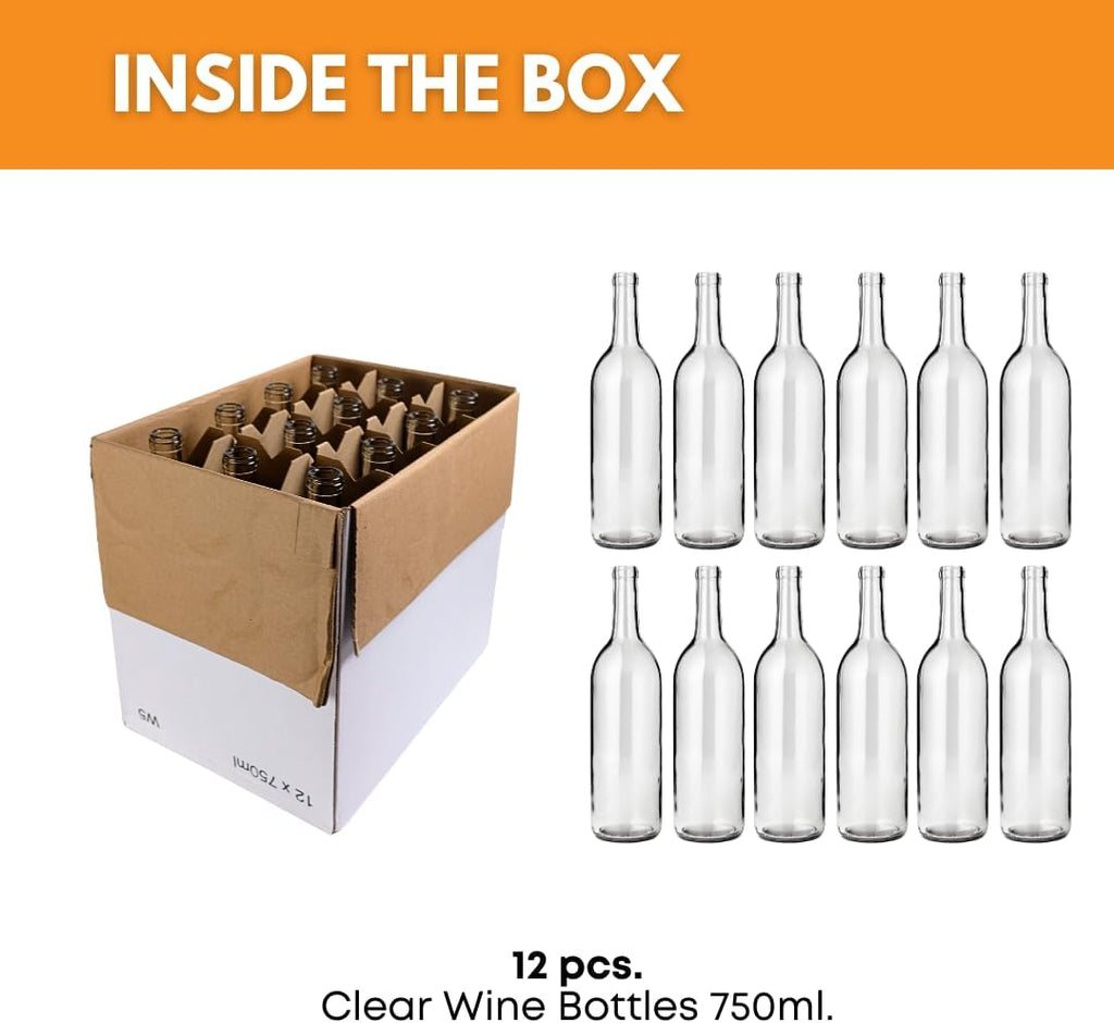 Set of 12 FastRack Bordeaux wine bottles, 750ml clear flint glass bottles for wine storage, shown in a case.