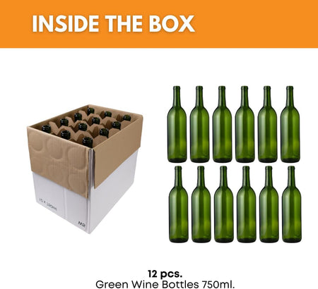 Set of 12 FastRack Bordeaux wine bottles in 750ml green glass, arranged in a case, ready for storage or display.