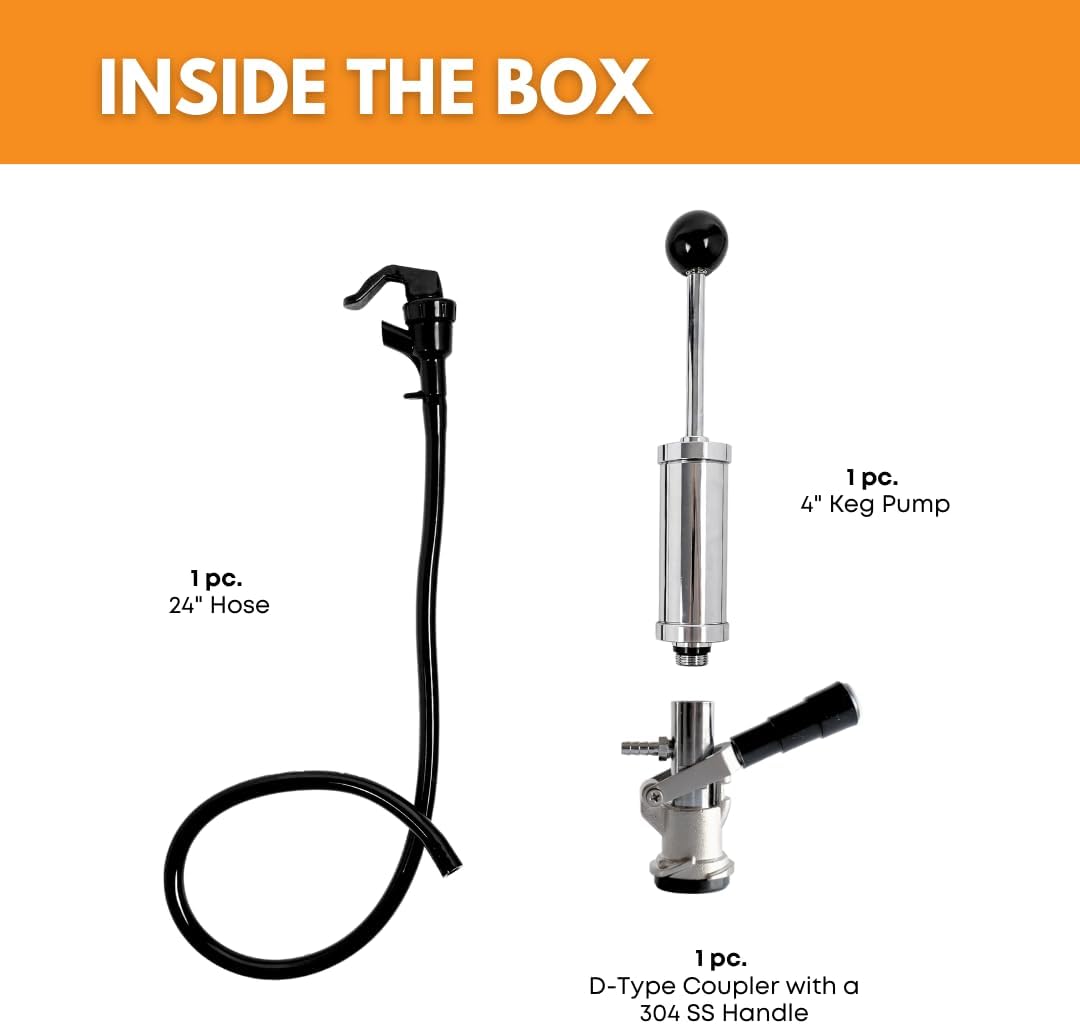 4-inch D-type manual pump with hose for keg tapping, FastRack brand, featuring durable construction and easy manual operation.