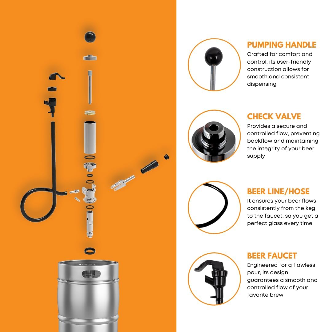 FastRack 4-inch D-Type manual keg pump with hose, sturdy beer dispensing pump and coupler for easy tapping.