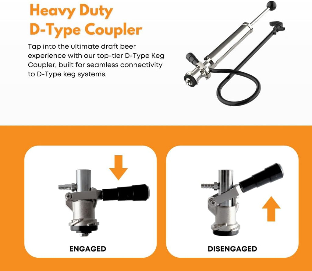 FastRack 4-inch D-type manual keg pump with hose and coupler for beer dispensing, durable metal construction.