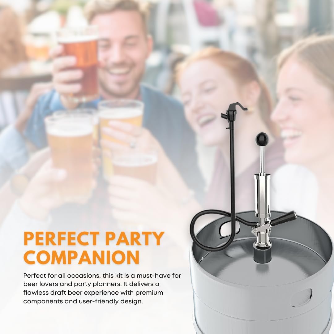 FastRack 4-inch D-Type manual keg pump with hose and coupler for efficient beer dispensing.