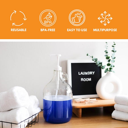 Glass jug with pump from FastRack, 1-gallon capacity, clear design ideal for beverages or liquids.