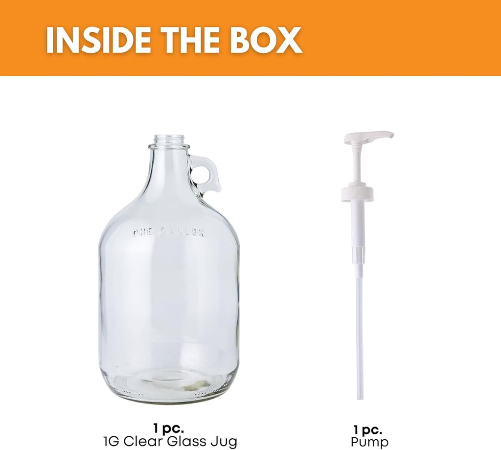 Clear 1-gallon glass jug with pump from FastRack, featuring a sturdy handle and convenient dispensing spout.