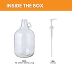 Clear 1-gallon glass jug with pump from FastRack, featuring a sturdy handle and convenient dispensing spout.