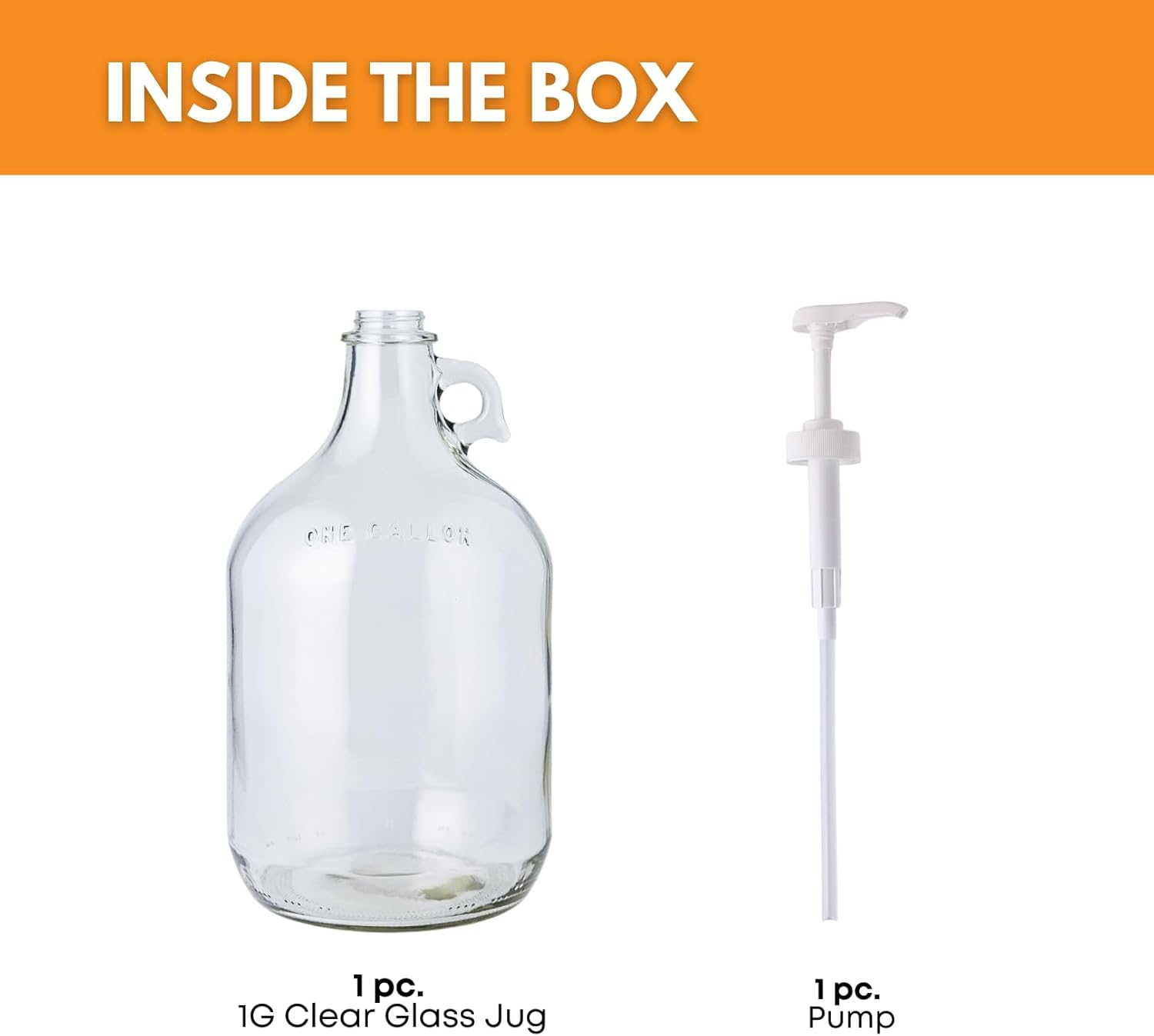 Clear 1-gallon glass jug with pump from FastRack, featuring a sturdy handle and convenient dispensing spout.