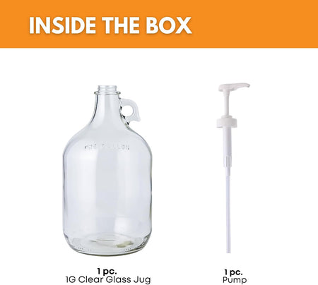Clear 1-gallon glass jug with pump from FastRack, featuring a sturdy handle and convenient dispensing spout.