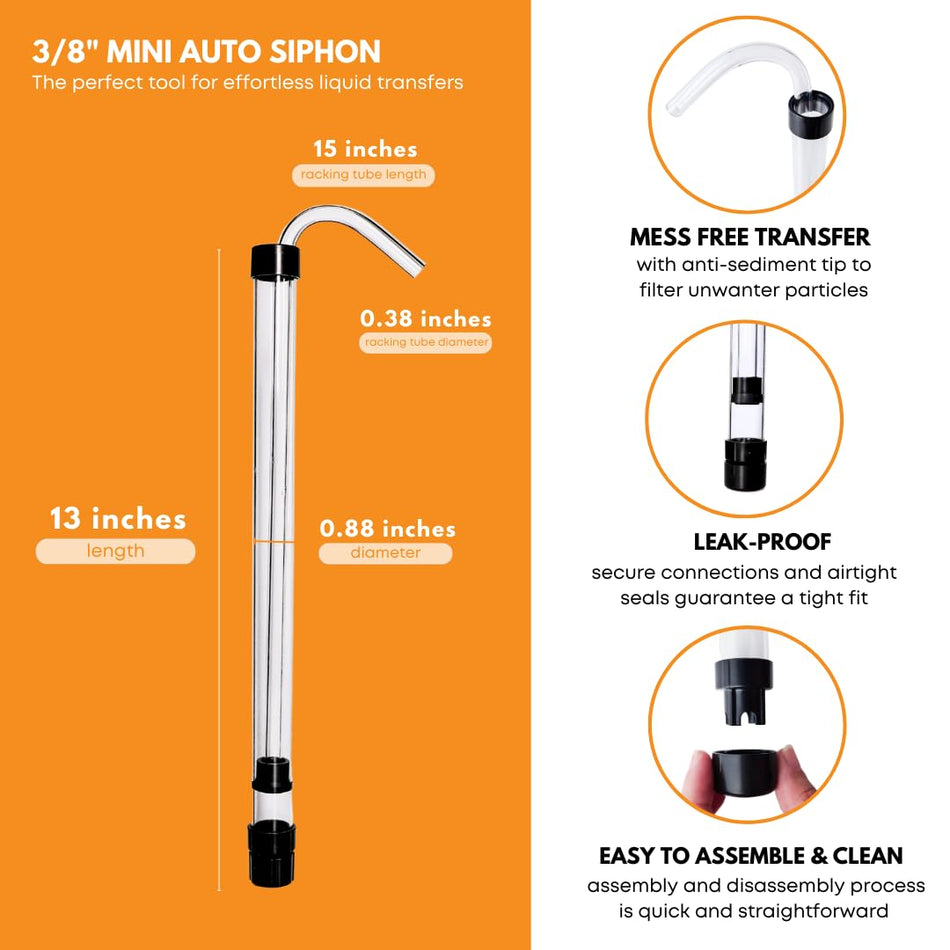 FastRack 3/8 inch mini auto siphon for transferring liquids, featuring a compact design and easy operation.