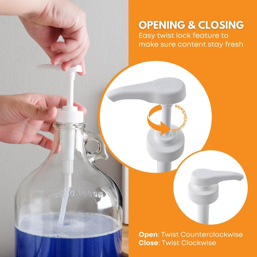 Clear glass jug with 0.5 gallon capacity and dispensing pump from FastRack, featuring a sturdy handle and secure lid.