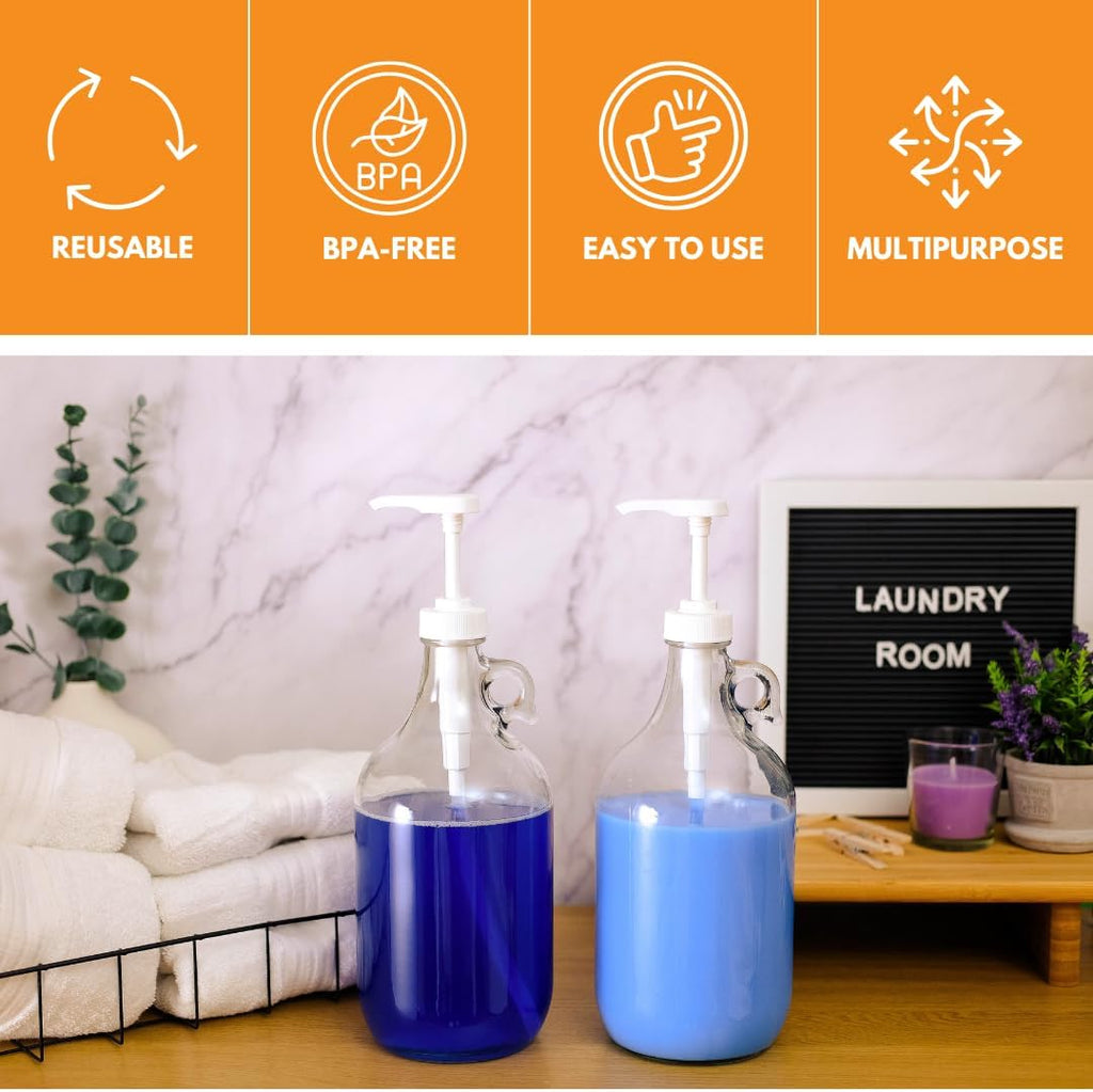 Clear 0.5 gallon glass jug with black dispensing pump, ideal for liquids, by FastRack, shown with a spout and handle.