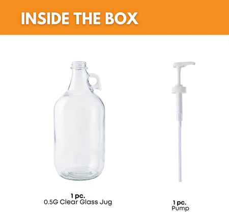 Clear 0.5 gallon glass jug with black dispensing pump from FastRack, designed for beverage or liquid storage.
