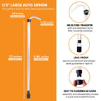 FastRack 1/2 inch large auto siphon for efficient liquid transfer, shown in use with clear tubing and auto shut-off mechanism.