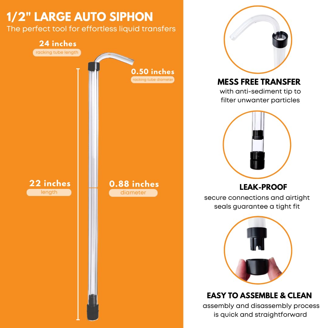 FastRack 1/2 inch large auto siphon for efficient liquid transfer, shown in use with clear tubing and auto shut-off mechanism.