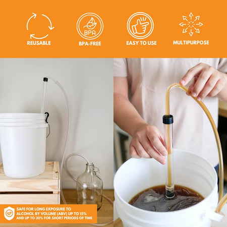 FastRack 3/8 inch auto siphon for transferring liquids, featuring a durable plastic tube and automatic shut-off mechanism.