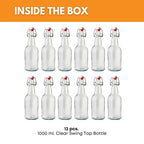 Set of 12 Clear Swing Top Bottles by FastRack, 1000ml capacity, shown with secure metal caps and transparent glass bodies.