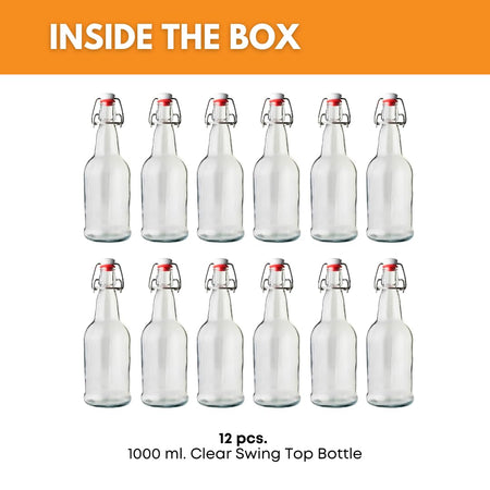 Set of 12 Clear Swing Top Bottles by FastRack, 1000ml capacity, shown with secure metal caps and transparent glass bodies.