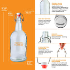 Set of 12 1000ml Clear Swing Top Bottles from FastRack, featuring durable glass with secure metal caps for beverages or liquids.