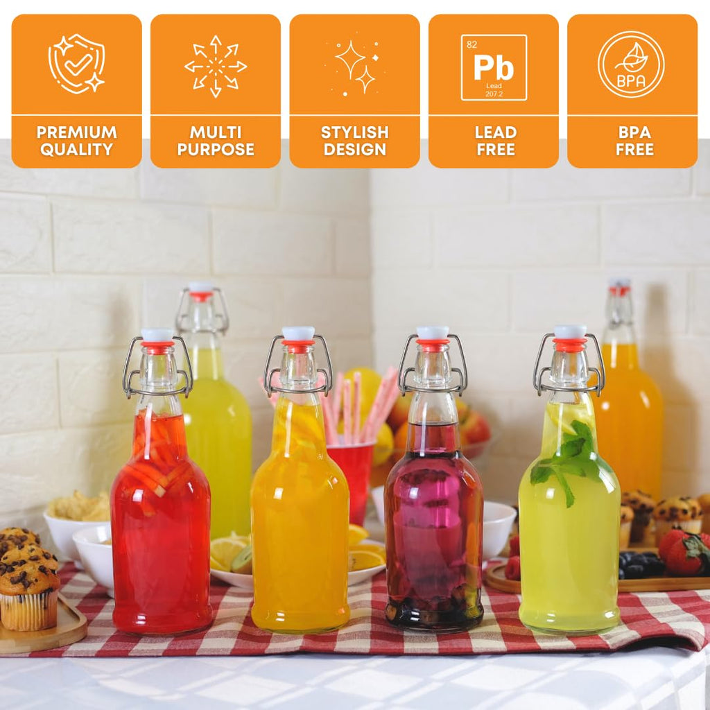 Six 500ml clear Swing Top Bottles by FastRack with metal caps, arranged in a group on a white background.