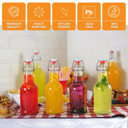 Six 500ml clear Swing Top Bottles by FastRack with metal caps, arranged in a group on a white background.