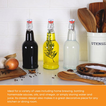 Six 500ml clear Swing Top Bottles by FastRack, showing transparent glass bottles with metal swing caps on a white background.