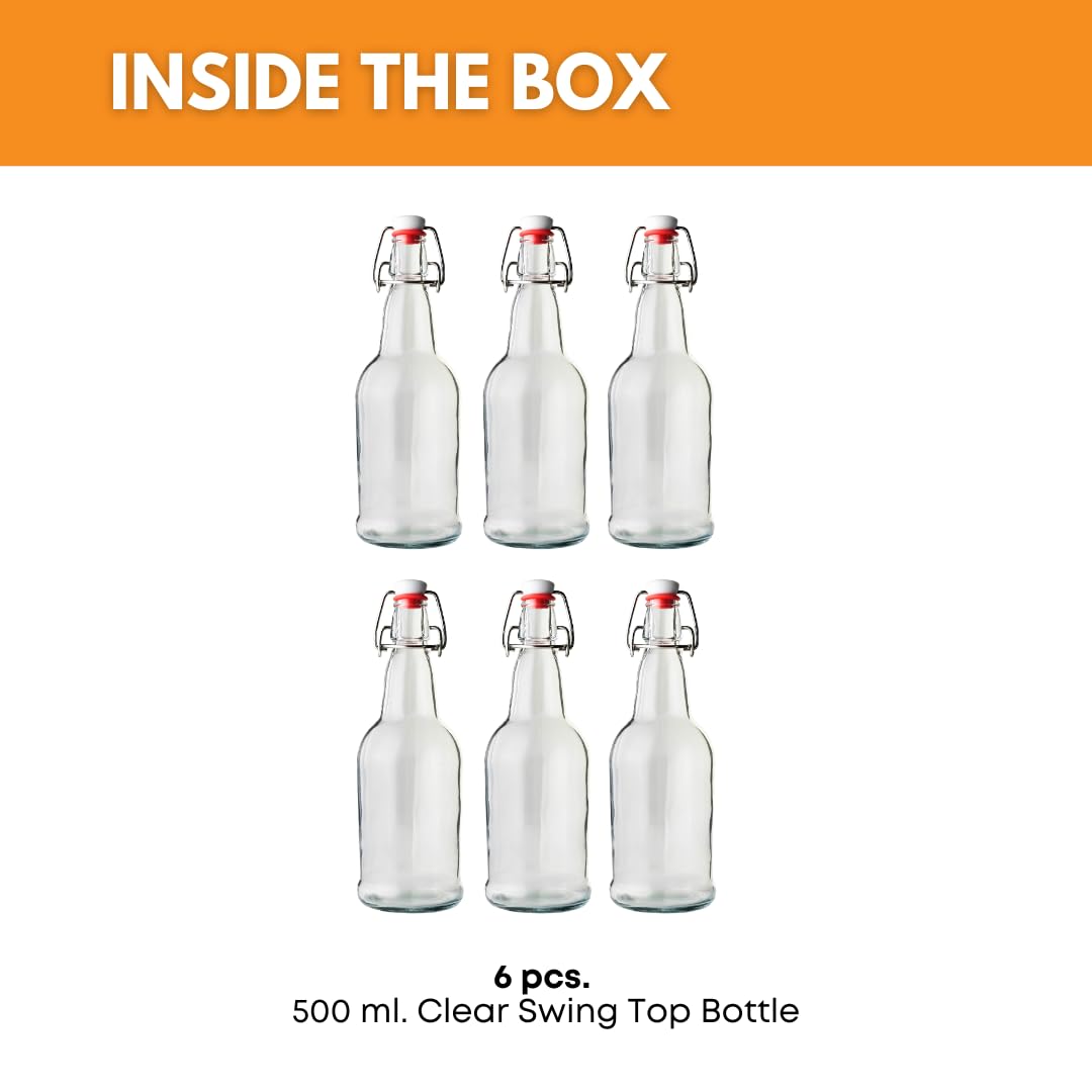 Set of six 500ml clear swing top bottles by FastRack, featuring glass bottles with secure metal caps for beverages or storage.