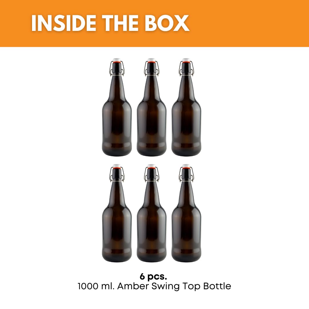 Six 1000ml amber Swing Top Bottles by FastRack, lined up with metal caps and clear glass showing their shape and sealing mechanism.